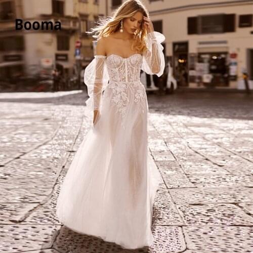 Booma Beach Boho Bridal Gowns 2020 Off Shoulder Long Puffy Sleeve Wedding Dresses Lace with Appliqued Soft Dot Tulle Party Dress