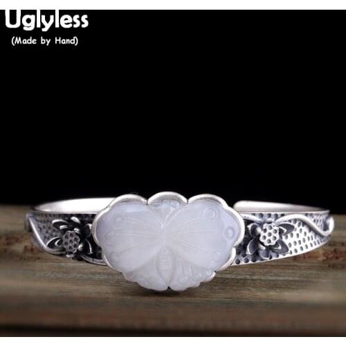 Uglyless Thai Silver lotus Bangles Women Natural Jade Butterfly Open Bangles 925 Silver Flower Insect Bijoux Fine Jewelry BA608