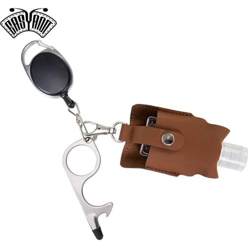 EASYANT Hand Sanitizer Leather Bottle Portable Set Flip Cap Personal Care with Touch Free Door Opener Key Ring-Brown