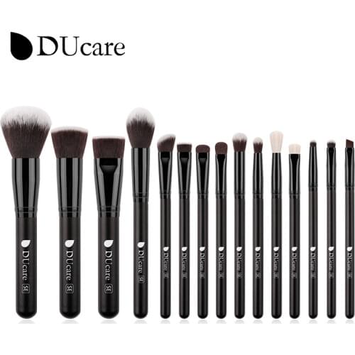 DUcare Luxury Brush Natural Hair Makeup Brush Set 15 PCS with Leather Bags Make Up Brushes Wooden handle Beauty Cosmetic Brushes
