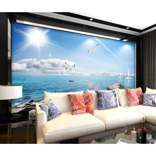 CJSIR Custom Blue Sky White Clouds Beach Photo Wallpapers for Living Room TV Background Mural Wall Paper Home Decor Stickers