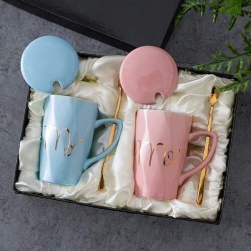 OUSSIRRO Ceramic Coffee Mugs Mr and Mrs Tea Milk Cup Gift Box with Lid and Spoon Creative Wedding Anniversary Gift