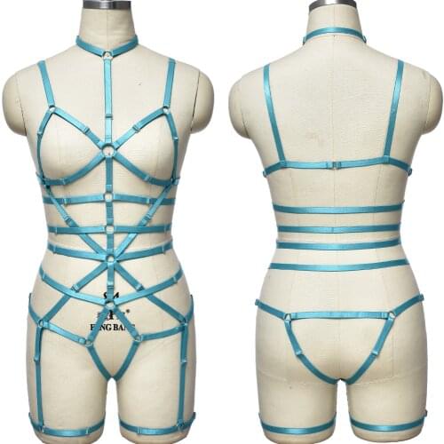 Sexy Harness Bodysuit Women Blue Bondage Lingerie Set Pole Dance Rave Wear Body Harness Belt Adjustable Hollow Open Chest Cage