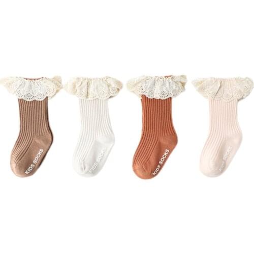 Infant Baby Girl Lace Princess Socks Ribbed Knit Solid Color Anti-slip Medium Tube Socks Kid Turn Cuff Ruffle Floor Hosiery