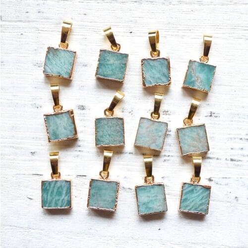 Nature square Amazonite pendant with gold electroplated edges-amazonite jewelry charm