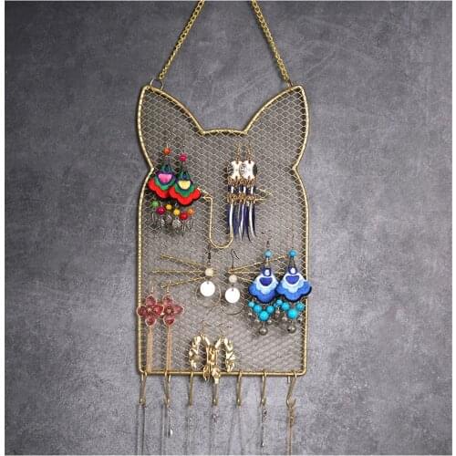 Nordic Style Metal Grid Cat Shaped Wall Shelf Earring Organizer Jewelry Holder Ear Stud Display Rack for Bracelet Necklace Ring