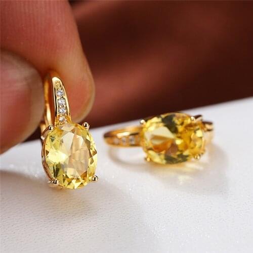 Cute Female Yellow Zircon Stone Earrings Vintage Bridal Oval Wedding Earrings Classic Silver Color Small Drop Earrings For Women