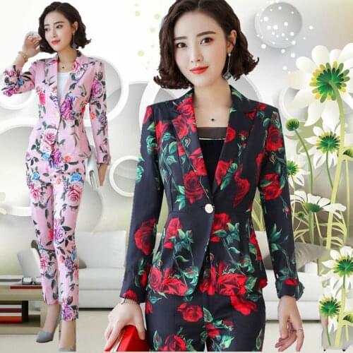 Fashionable suits womens new Korean version of the self-cultivation printing OL professional suit suit temperament two-piece