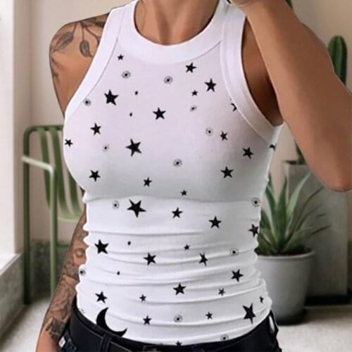 New Women Fashion Summer Vest Stars Print Sleeveless Top Solid Casual Tank Comfortable Round Neck T-Shirt Slim Fit