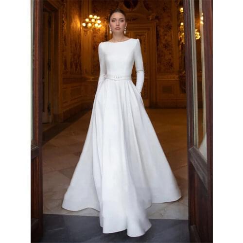 A Line Soft Satin Wedding Dress 2021 Long Sleeves Scoop Neck Belt Buttons Lace Applique Beach Bride Formal Gowns Custom Made