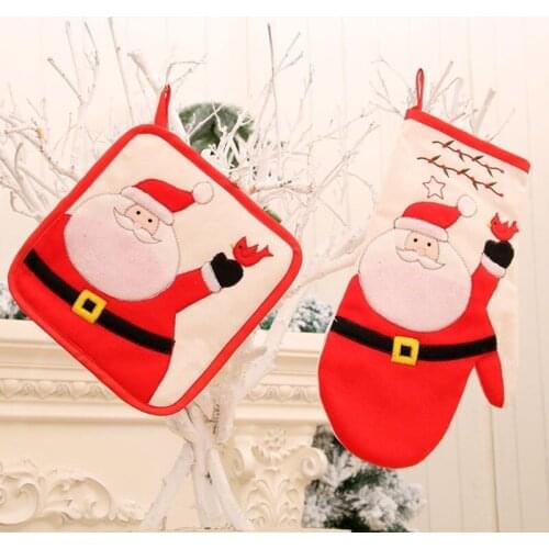 2Pcs/set Christmas Placemats Oven Mitts Gloves Kitchen Insulation Microwave Mat Baking Tool Insulation Mat Christmas Decoration