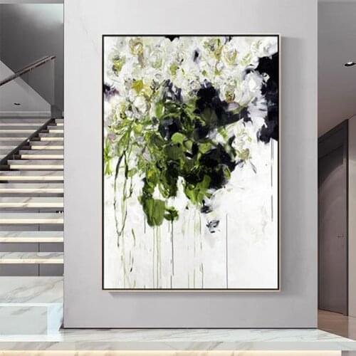 Hand Painted White Green Purple Flower Abstract Oil Paintings On Canvas Handmade Thick Textured Pictures Wall Art Home Decor