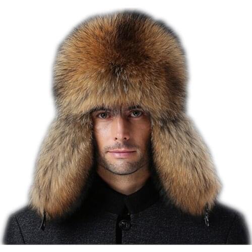Men Really Sheepskin Real Fox Fur Bomber Hats Natural Raccoon Fur Russian Hat Winter Outdoor Warm Flying Cap