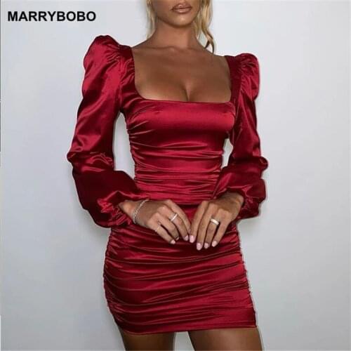 Sexy Ruched Bodycon Dress Women Autumn Satin Dress 2021 Elegant Solid Square Collar Puff Sleeve Mini Dress Vintage Party Dresses