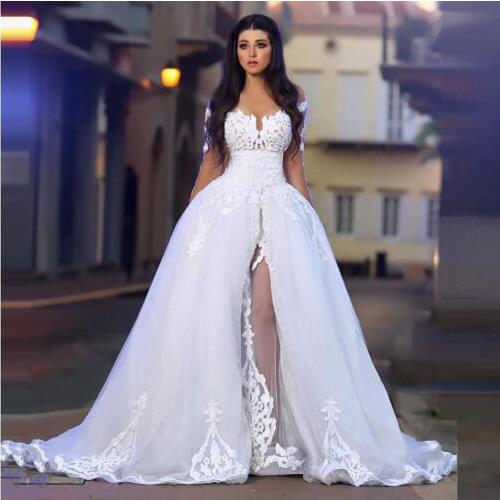 Sexy Embroidery Wedding Dress 2 in 1 Long Sleeves Wrap Romania Stylish Wedding Gowns Tulle Pure White Ball Gown w0455