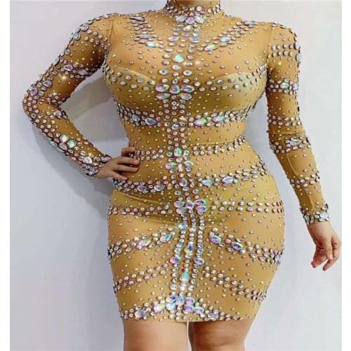 V2 Singer wear sexy rhinestones dresses elastic mesh long sleeve hip skirt crystal diamonds outfit perform evening dress clothe