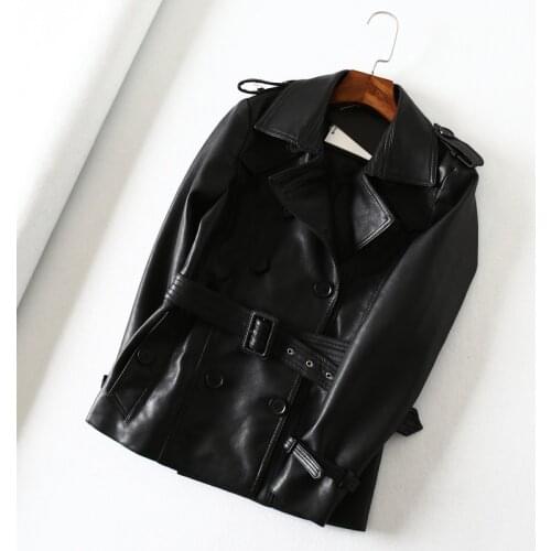 Mid-length Double Breasted Slim Women Black Faux Pu Leather Jacket Plus Sashes Spring Autumn 2021 Lapel Long Sleeve Biker Jacket