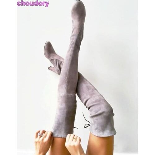 Women Popular Long Gladiator Boots Flock Suede Boots Square High Heel Gray Beige Black Nightclub Dress Boots Dropship