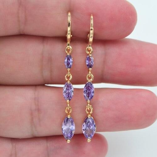 Fashion Jewelry Gold Color Geometric Royal Purple Marquise Zircon CZ Stone Drop Earrings for Women