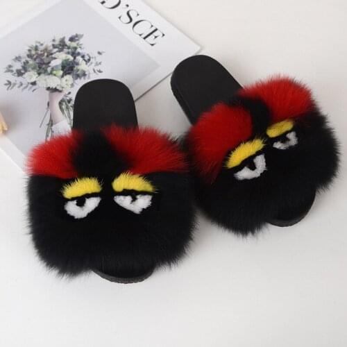 Ladiess Cartoon Funny Fox Fur Flat Slippers Womens New Summer Outdoor Fur Sandals Females Fashion Brand Fluffy Furry Slippers