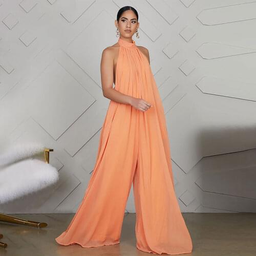 Women Chiffon Jumpsuit Halter Sleeveless Pleated Outfits Solid Loose Backless Pocket Wide Leg Elegant Long Woman Jumpsuits Party