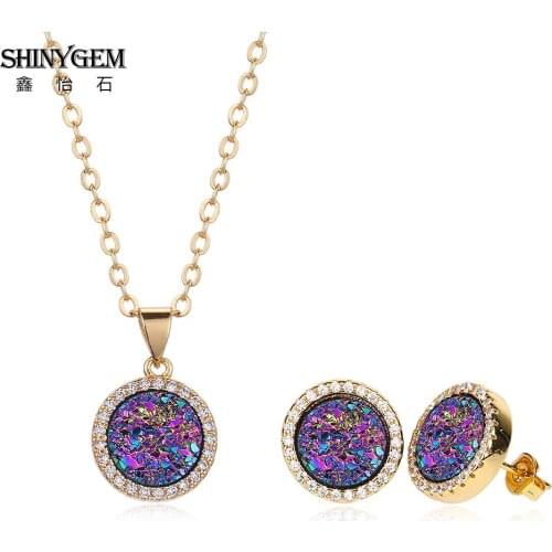 ShinyGem 5Colors Jewelry Sets For Women Micro Pave Zircon Natural Round Crystal Necklaces/Earrings Jewelery Sets Gifts For Women