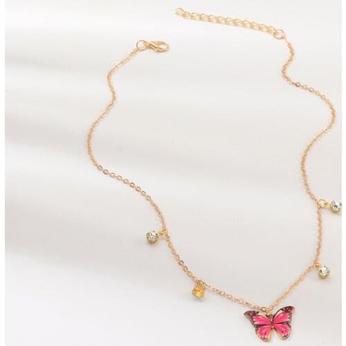 Fashion Purple Pink Yellow Color Butterfly Crystal Pendant Necklace Women Layered Gold Chain Statement Necklace Jewelry Gifts