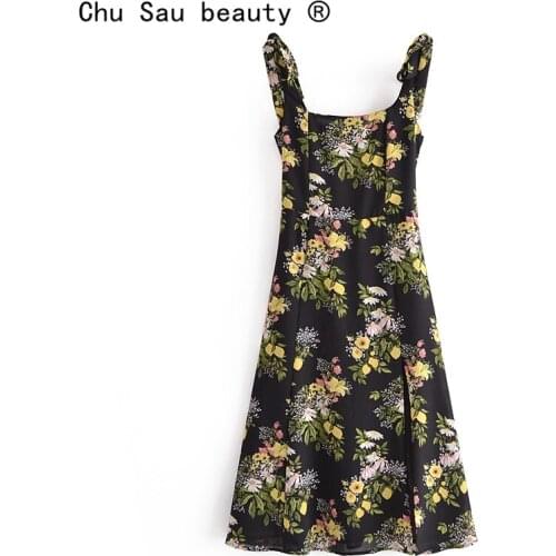 New Fashion Party Style Vintage Floral Printed Midi Dress Women Summer Casual Chic Square Collar Split Dresses Female Vestidos