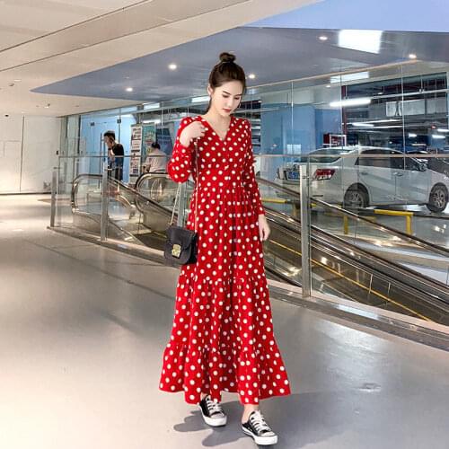 2020 New Autumn Women Chiffon Dress Vintage Floral Printed Polka Dot Long Dress Spring Korean Style Casua Slim Fit Vestidos