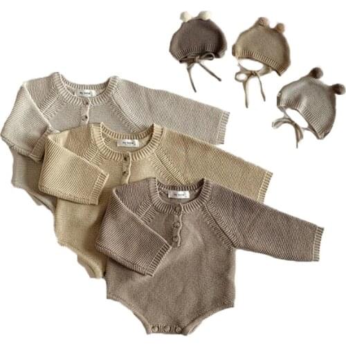 2020 Autumn New Toddler Baby Boys Girls Knitted Bodysuit Infant Jumpsuit Knitwear Outfits Newborn Baby Sweater And Baby Knit Hat