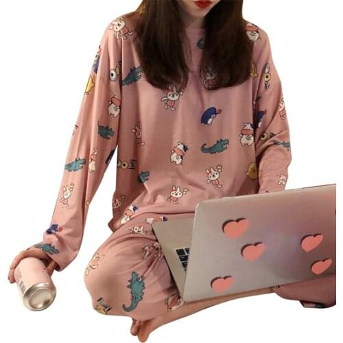 2021 New Womens Long Sleeve Pjamas Set Cartoon Animal Sleepwear Loose Loungewear L-2XL