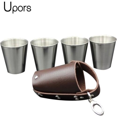 UPORS 4Pcs 70ml Hip Flask With PU Leather bag Portable Stainless Steel Mini Pocket Flask 2.4OZ Thicken Whisky Flagon Alcohol Cup