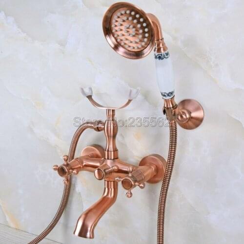 Antique Red Coppe Wall Mount Clawfoot Bathroom Tub Faucet Hand Shower Hot&Cold Water Mixer Tap Set lna359