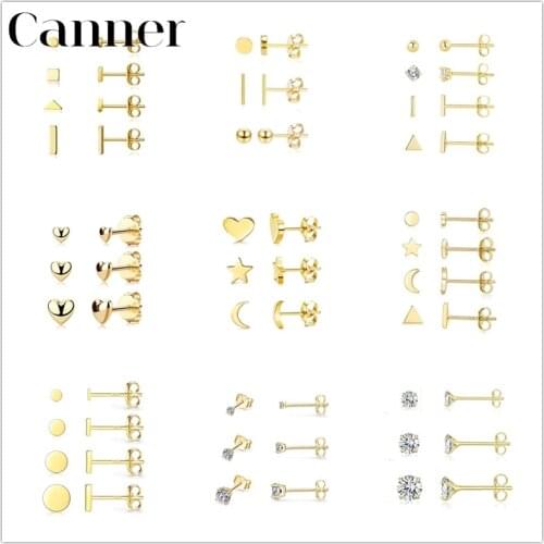 Canner 3pc/set 2021 Trend Sterling Silver Stud Earrings For Women Geometric Heart Love CZ Earing Piercing Pendiente Plata 925 W5