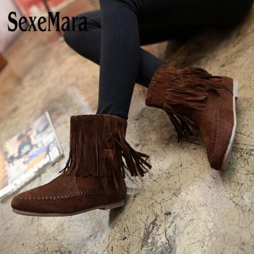 Autumn New Female Womens Flat Boots British Style Fringe Ankle Boots Winter Warm Women tassel Cotton Shoes Plus Size 41 42 43