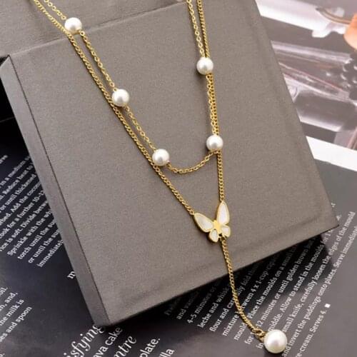 316L Stainless Steel Fashion Fine Jewelry 2 Layer Beaded Butterfly Pearl Tassel Charms Chain Choker Necklaces Pendants For Women