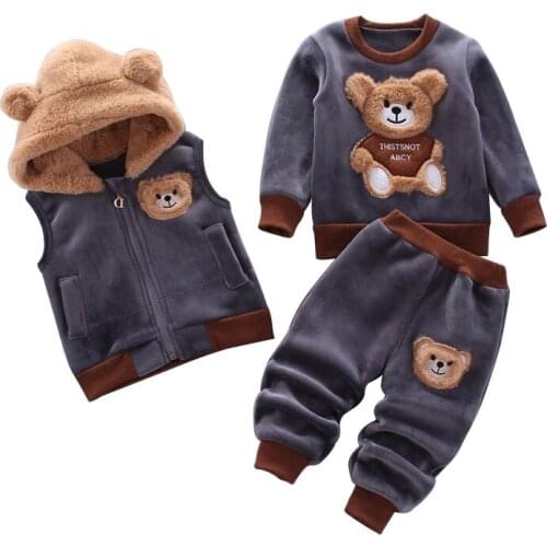 Childrens lamb wool warm clothes winter baby boy clothes baby girl cartoon cat plus velvet thick hooded sweater 3-piece set