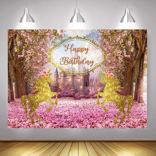 Castle Happy Birthday Party Photo Background Cartoon Fairy Tale Golden Horse Background Spring Flowers Children Birthday Banner