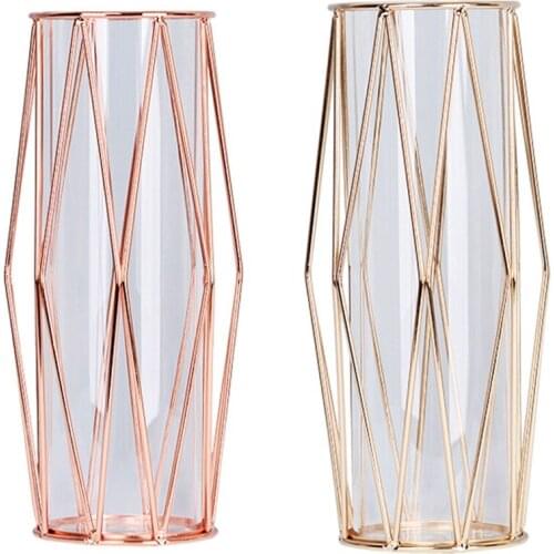 Geometric Glass Vase with Metal Bracket, Crystal Transparent Inner Vase, Hand-Plated Geometric Metal Vase