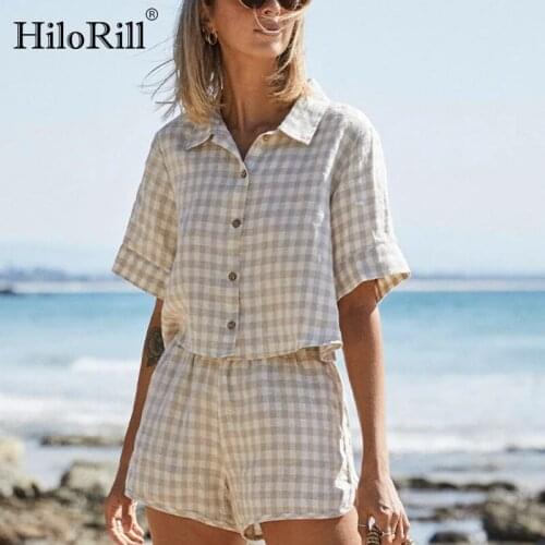 HiloRill Fashion Plaid 2 Piece Set Women Turn Down Collar Blouse Top With Elastic Waist Shorts Holiday Casual Two Piece Outfits