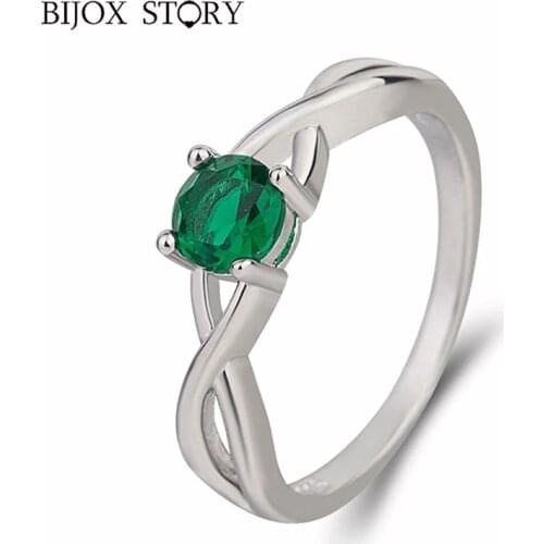 BIJOX STORY Classic 925 Sterling Silver Ring with Round Sapphire Emerald Fine Jewelry Ring for Women Wedding Anniversary Party