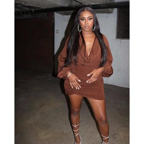 VAZN 2021 Summer New Women Fashion New Sexy Girl Style Short Dress Long Sleeve Deep V Pure Color Mini Short Dress