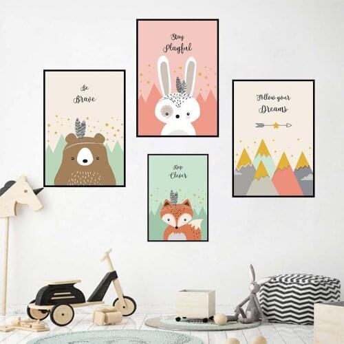 Cute Cartoon Animal Childrens Room Decoration Canvas Painting Rabbit Bear Fox Photo Wall Art Combination Painting Pictures