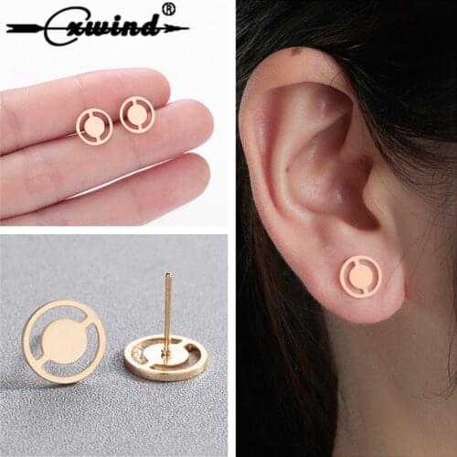 Cxwind Simple Design Geometric Round Earrings Women Stainless Steel Star Heart Earrings Circle Wheel Earrings Pendientes