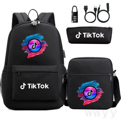 TIK TOK Bag USB Backpack Boys Girls School Bag Travel Bag Laptop Bagpack with Crossbody Pen Bags