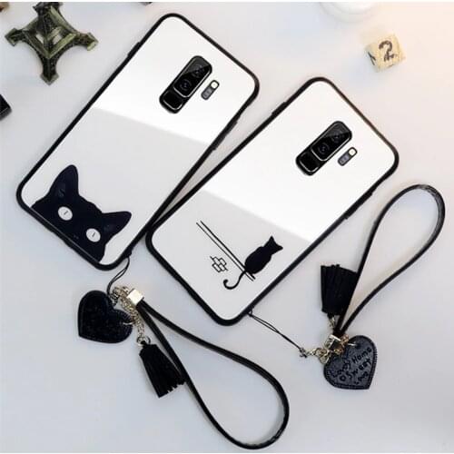 For Samsung Galaxy s10 s10e note 8 9 M10 M20 M30 A6 A7 A8 A9 j4 j6 s9 s8 plus 2018 A20 A30 A50 A70 cute cat glass Case & Strap