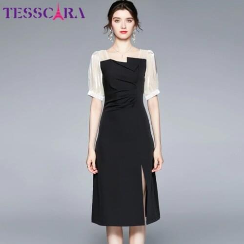 TESSCARA Women Summer Elegant Office Dress Festa Female High Quality Long Vintage Party Robe Femme Mesh Designer Black Vestidos