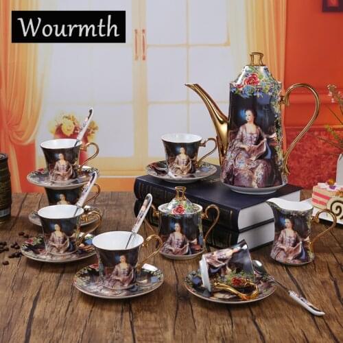 Wourmth 15 Pcs of European Style Gold Bone china Coffee Set Retro Tea set Big Capacity Coffeepot Ceramic Coffee Cup Saucer set