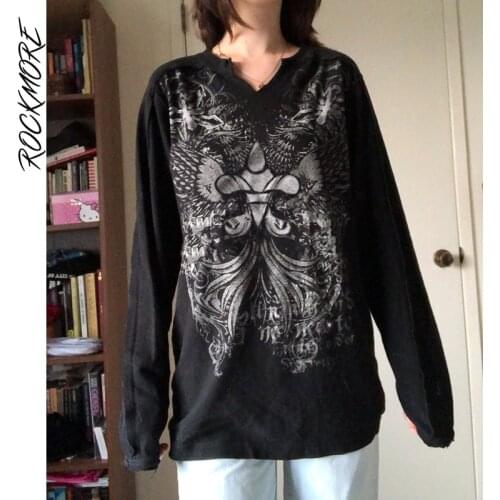 Rockmore Vintage Print Long Sleeve T Shirts Autumn Casual Oversize Tops Women Streetwear Loose Graphics Tees Goth Grunge Clothes