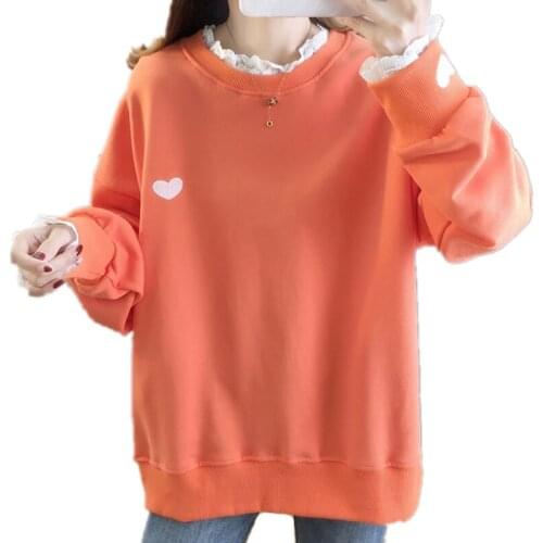 Autumn Women Casual Hoodies Long Sleeve Patchwork Lotus Leaf Lace Edge O Neck Sweatshirt Love Heart Embroidery Pullover Tops